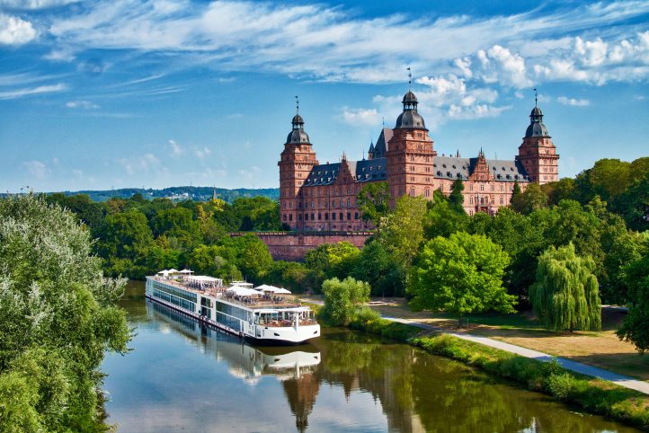 The Viking Longship Lif on the River Main near the Schloss Johannisburg, city of Aschaffenburg, Bavaria, Germany.