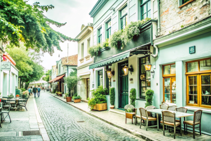 narrow-cobblestone-street-lined-with-historic-buildings-cafe-tables-lush-greenery 1