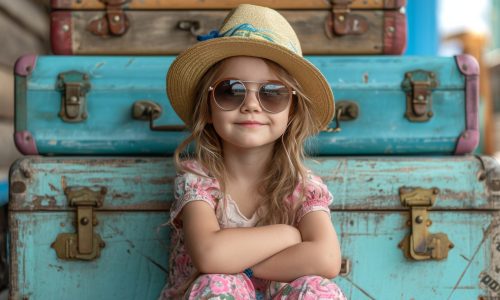 little girl sitting in front of suitcase with sunglass and hat.